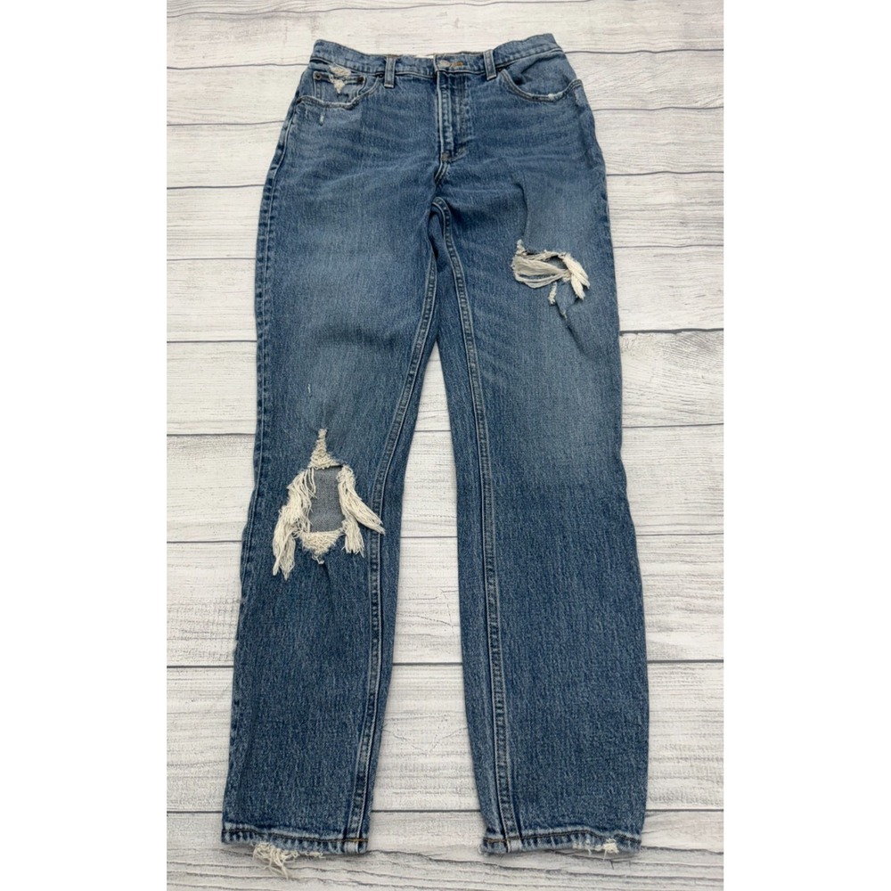 Abercrombie & Fitch The Mom Jeans Womens 27/4L Blue Denim Hi-Rise Distressed Hem